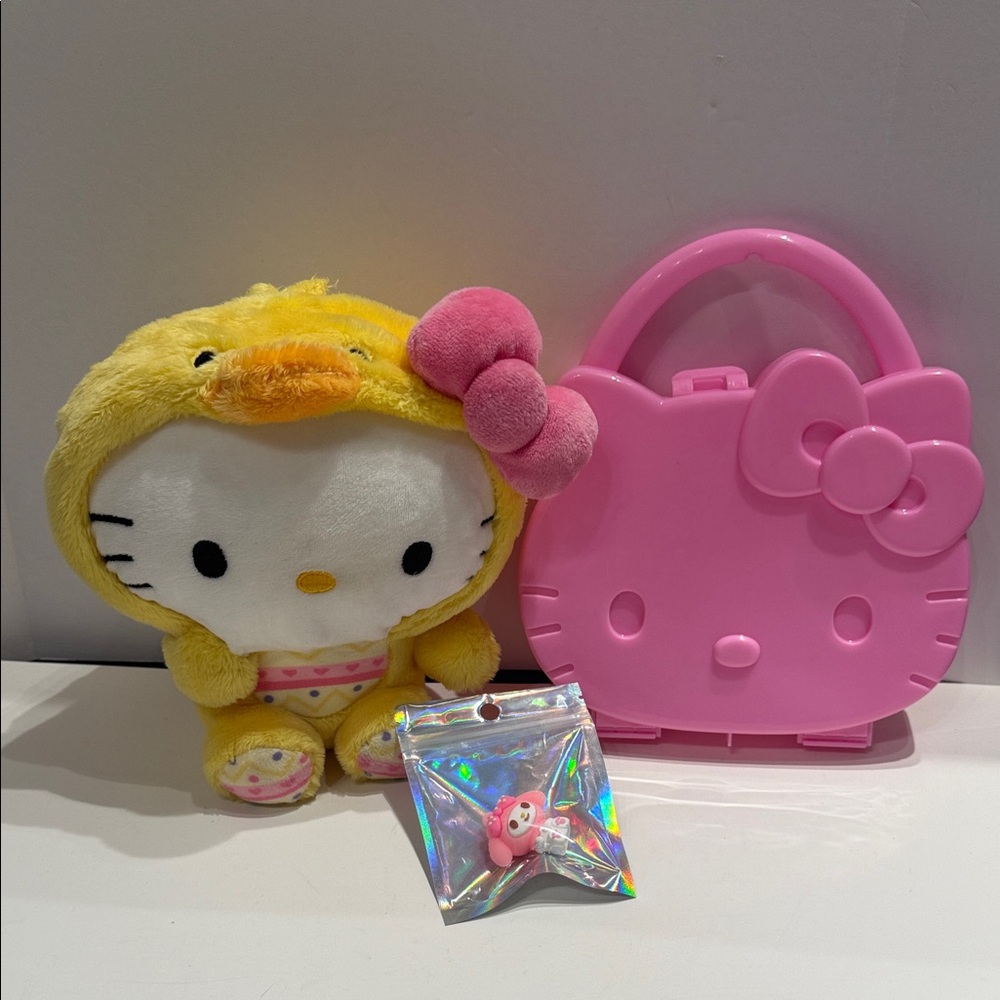 Hello Kitty Duck Easter plush toy, hello kitty pink case, mini charm